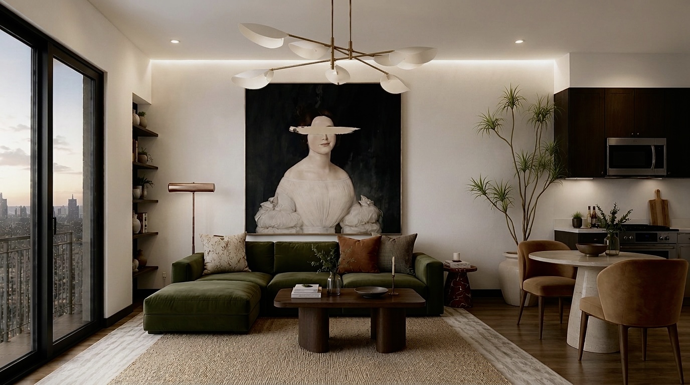 Sophisticated city living room with olive seating, art, and skyline views