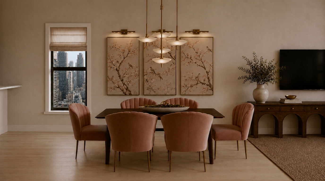 City dining room with blush velvet chairs, sculptural brass pendants, and botanical artwork