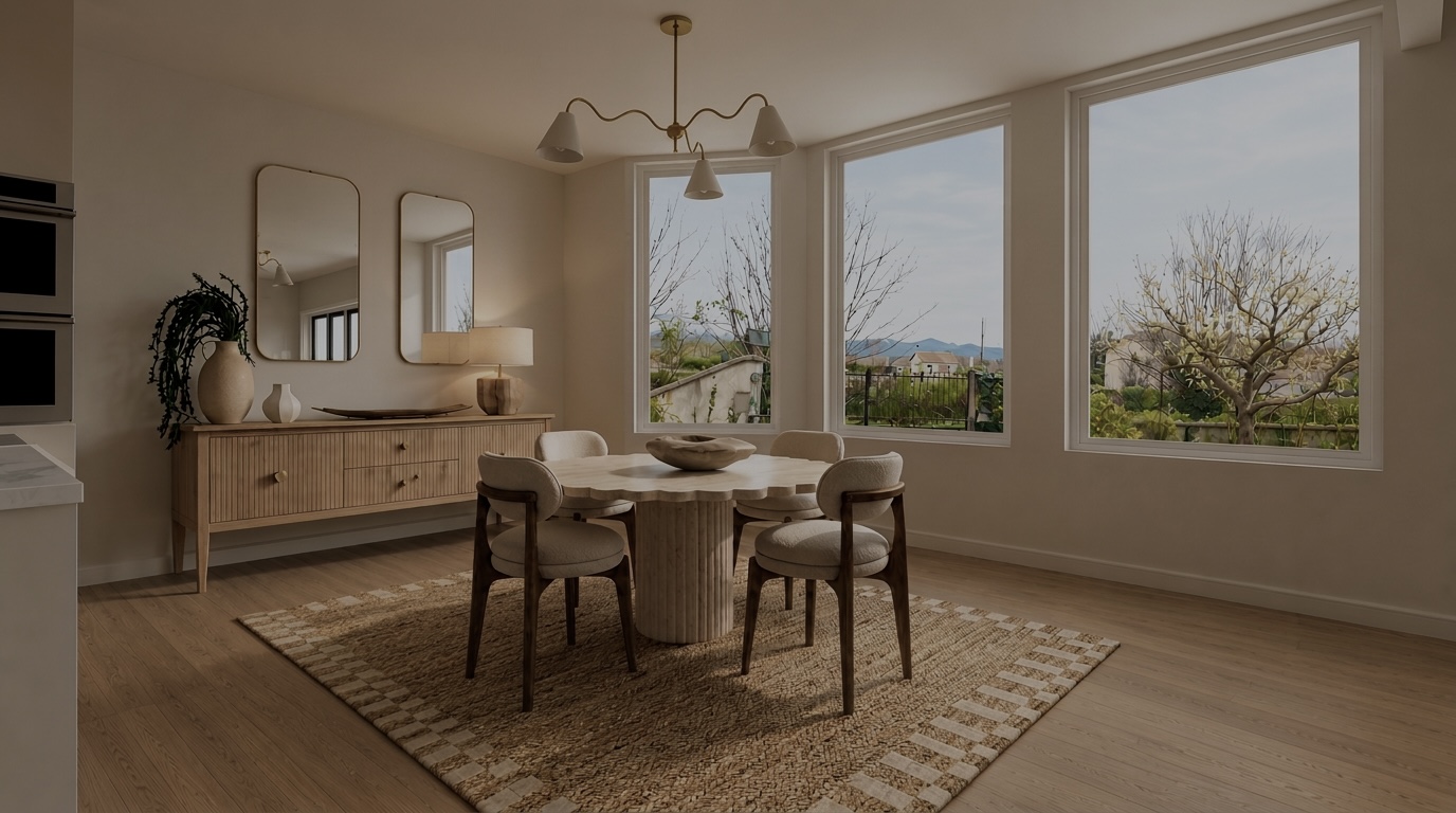Moodily balanced neutral dining room with alabaster lighting and warm wood furniture