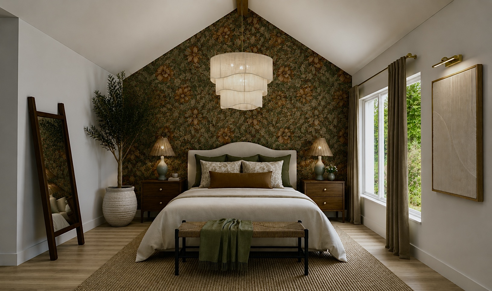 Vaulted bedroom with botanical wallpaper, layered lighting, and natural textures