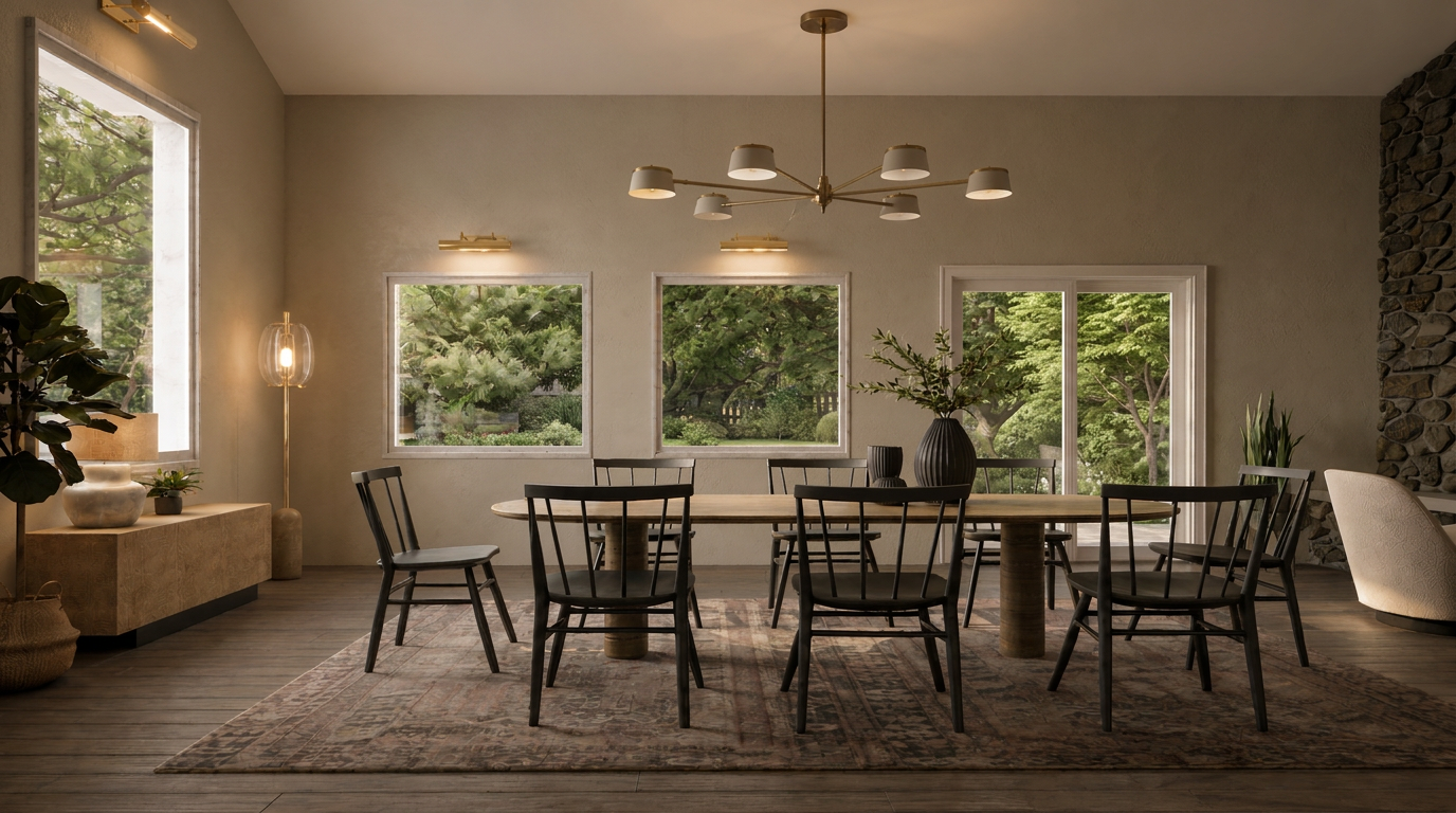 Garden-facing dining room with dark spindle chairs and a brass chandelier