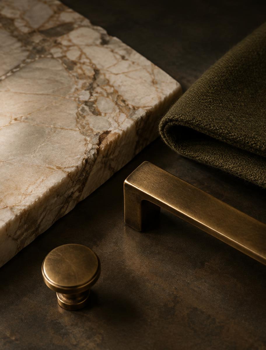 Warm stone, aged brass, and olive textile material study