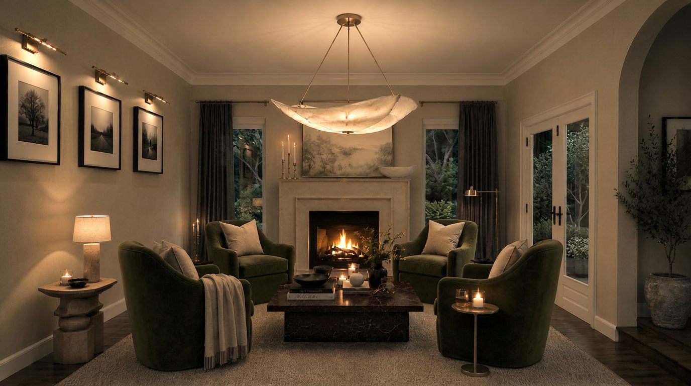 Warm living room centered on a fireplace with sculptural lighting and green velvet chairs