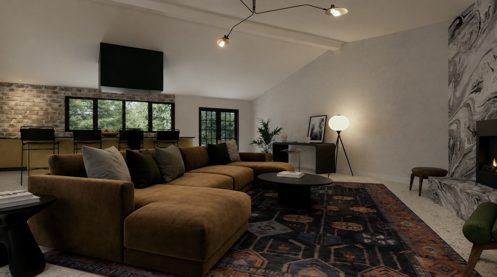 Modern lounge with a cognac sectional, patterned rug, and marble fireplace
