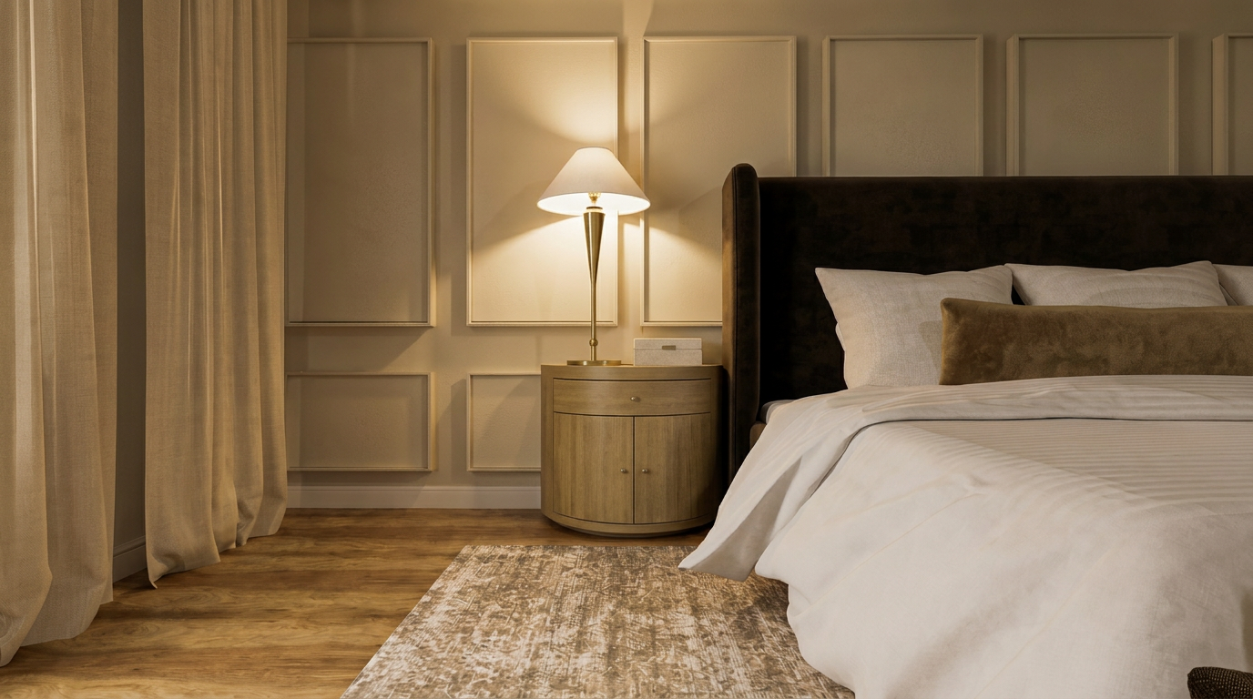 Refined neutral bedroom with paneled walls and a softly lit bedside lamp