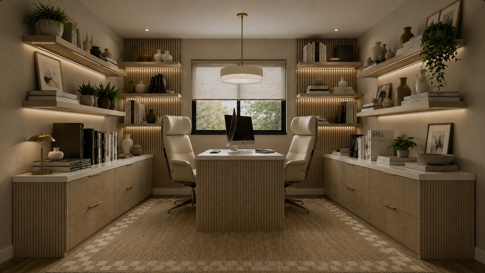 Right-hand side of a tailored shared home office with fluted wood cabinetry and illuminated shelving