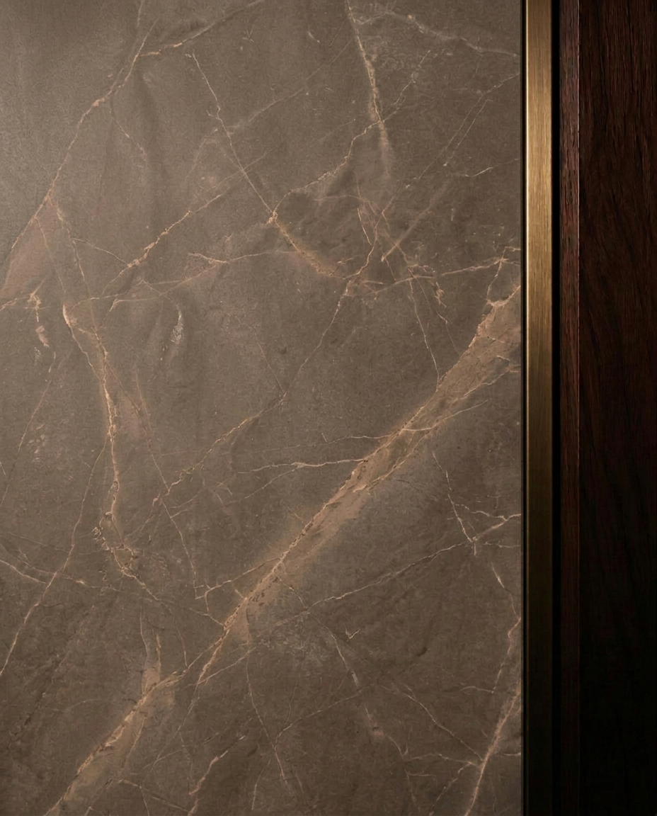 Dark beige marble, slim antique brass, and walnut material study