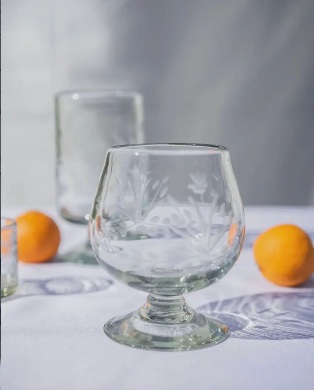 Hand-etched clear glass goblet