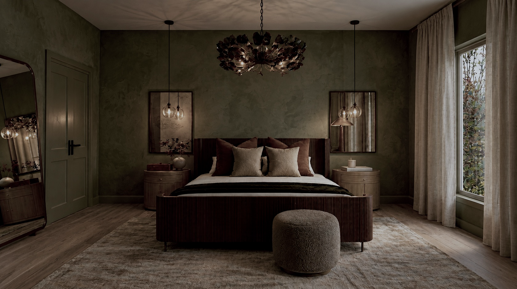 Olive limewash bedroom with a dark wood bed, smooth taupe ottoman, and sculptural chandelier